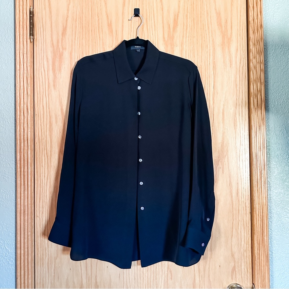 [theory] black sheer button down blouse